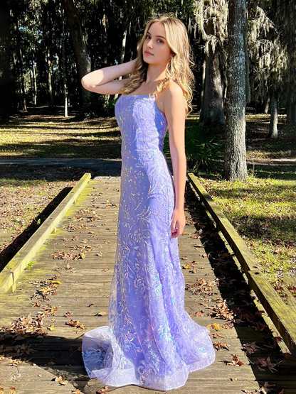 Sparkle Formal Lace Sequin Mermaid Spagehtti Straps Sleeveless Backless Long Prom Dress