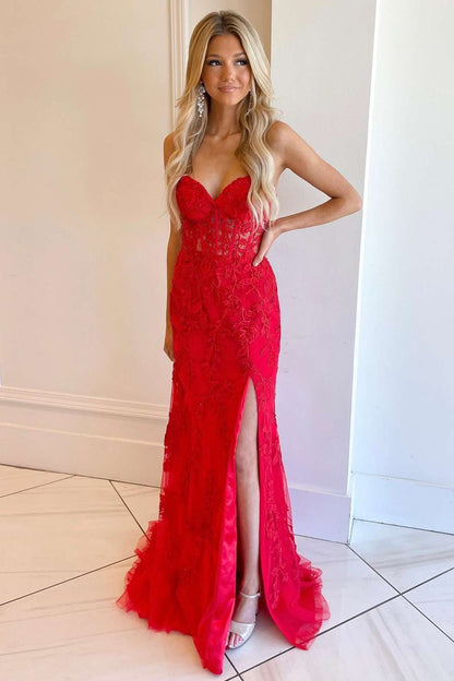 Classic Lace Appliques Strapless Mermaid Prom Dress with Slit