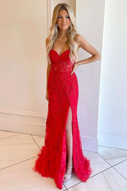 Classic Lace Appliques Strapless Mermaid Prom Dress with Slit