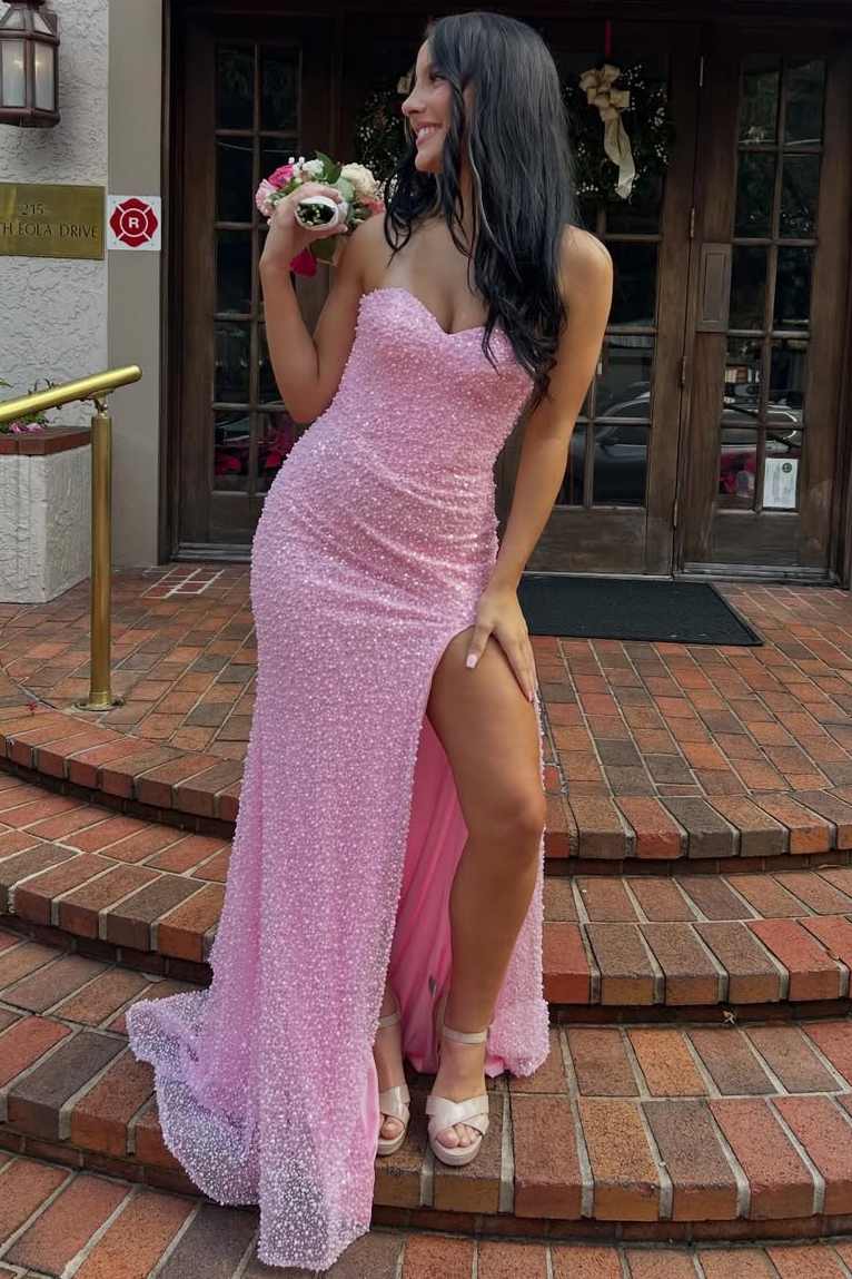Mermaid Sweetheart Pink Sequins Long Prom Dresses with Slit