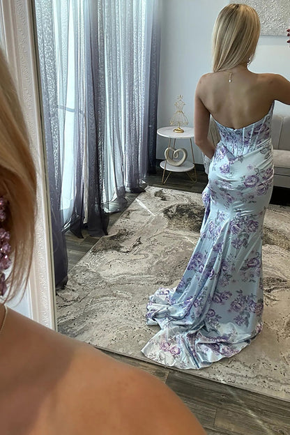 Mermaid Strapless Blue Floral Printed Satin Ruffled Long Prom Dress