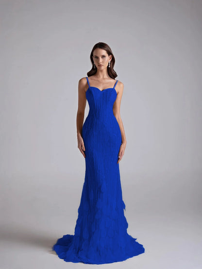 Spaghetti Straps Sleeveless Long Mermaid Prom Dress With Petals And Sequins