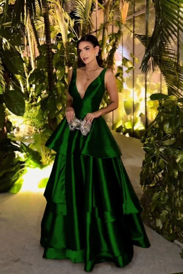 Peacock V-Neck Three-layer Ruffles Elegant Prom Dress