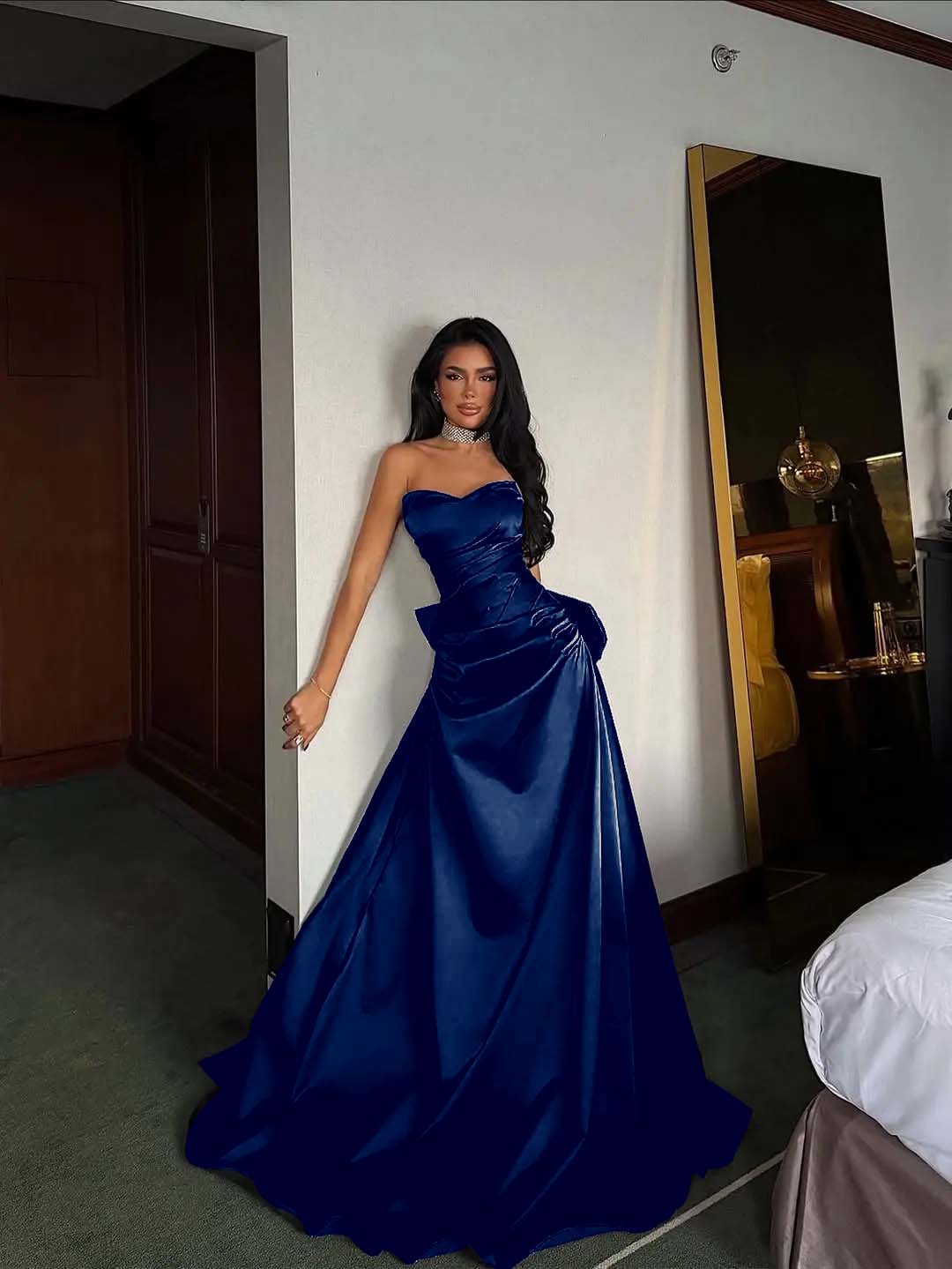 Black Satin Sweetheart Strapless Sleeveless Long A-Line Prom Dress With Pleated