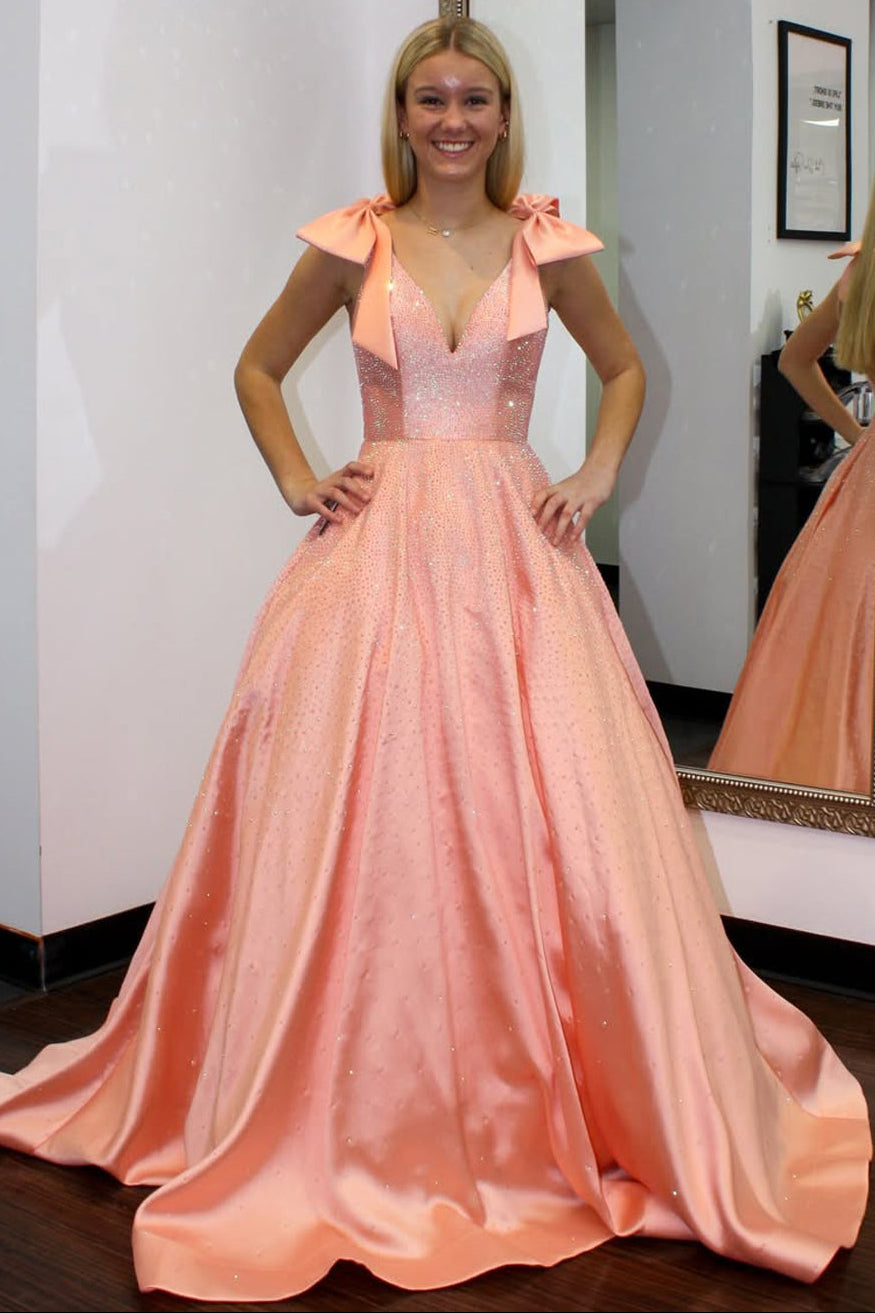 Glitter A Line V Neck Orange Satin Prom Dress