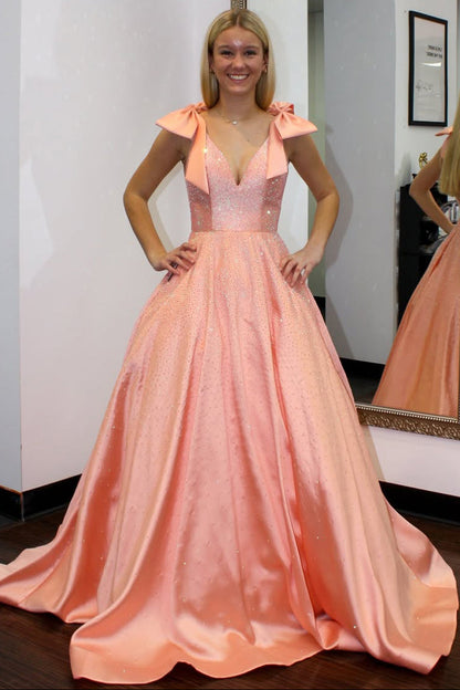 Glitter A Line V Neck Orange Satin Prom Dress