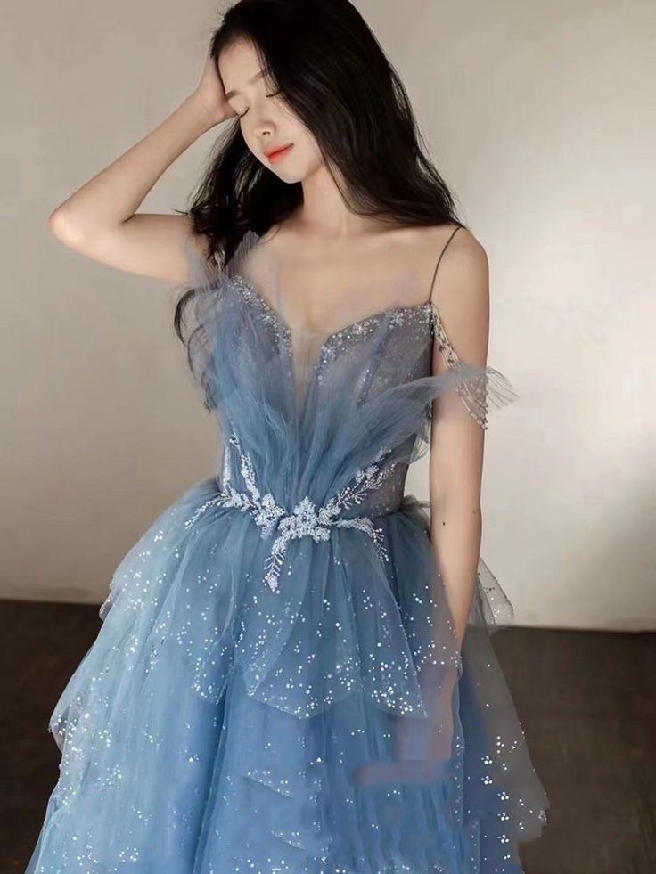 Gorgeous Blue Sparkly Tulle Beaded Prom Dress