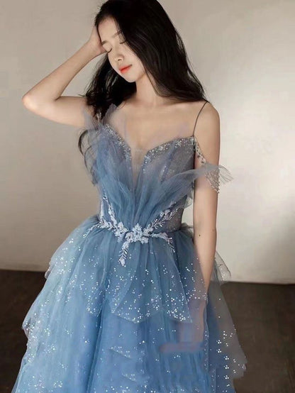 Gorgeous Blue Sparkly Tulle Beaded Prom Dress