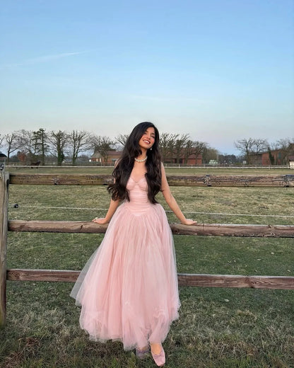 Pink  Sweetheart Spaghetti-Straps Tulle Prom Dress