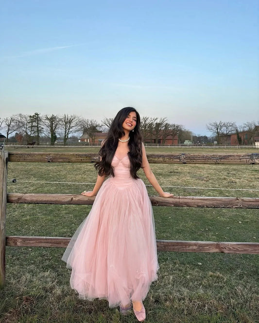 Pink  Sweetheart Spaghetti-Straps Tulle Prom Dress