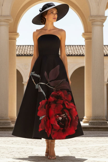 Printed Strapless Midi Dress With Pockets