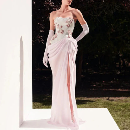 Sweetheart Floral Embellished Prom Dress Pleated Chiffon High Slit Evening Gowns