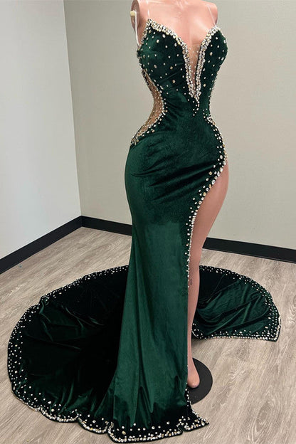 V Neck Appliques Mermaid Prom Dress High Waist Beaded With Split
