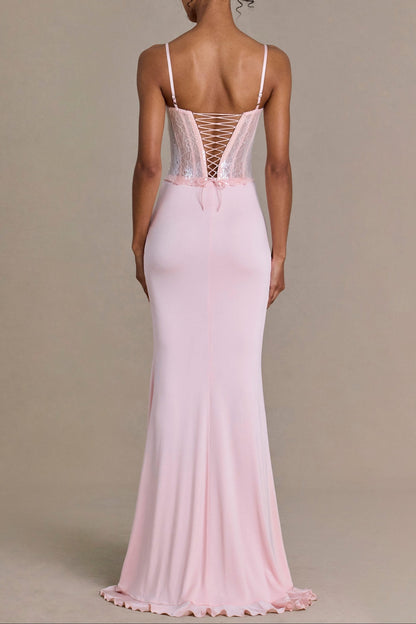 Blush Pink Spaghetti Strap Lace Back Mermaid Evening Gown with Slit