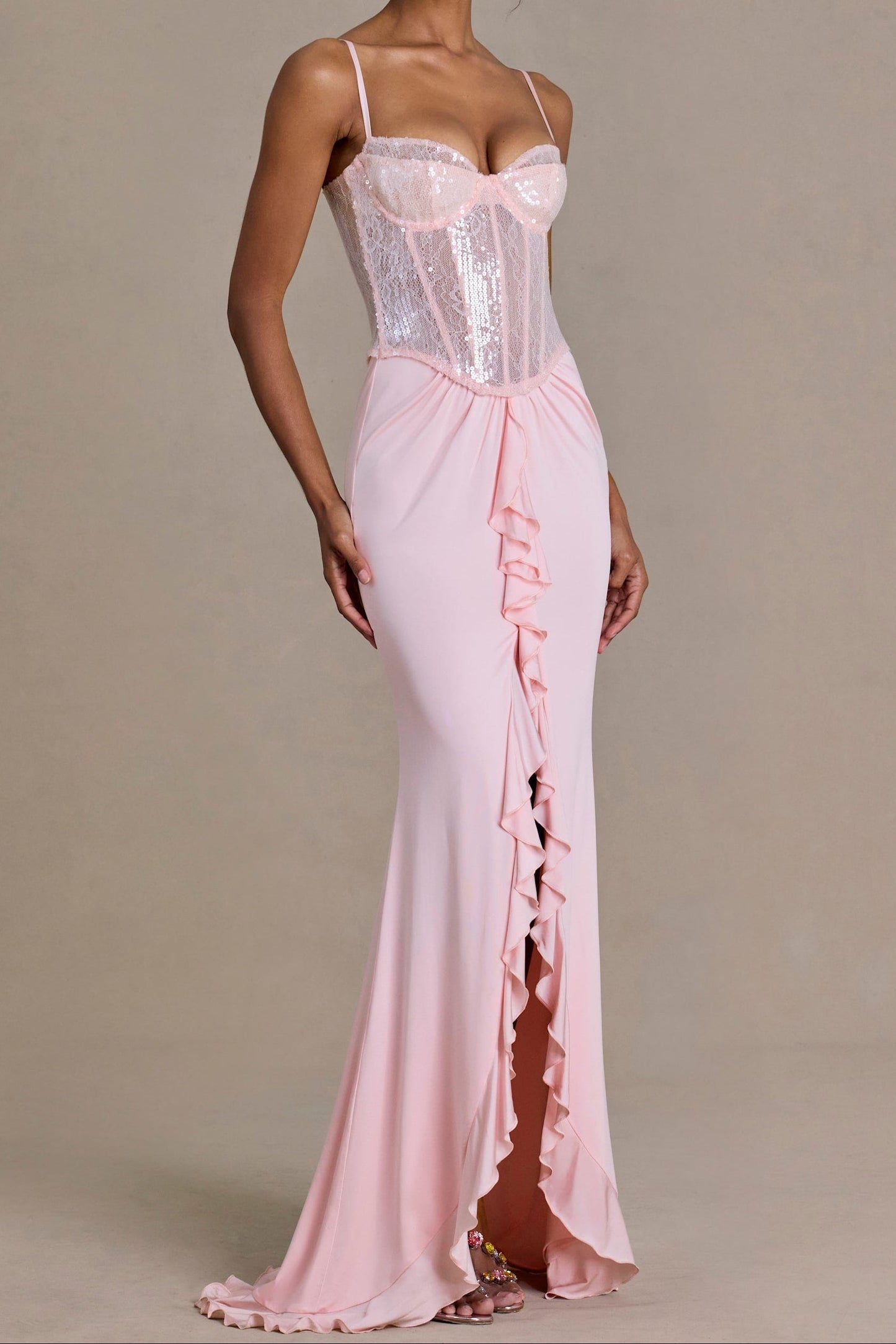 Blush Pink Spaghetti Strap Lace Back Mermaid Evening Gown with Slit