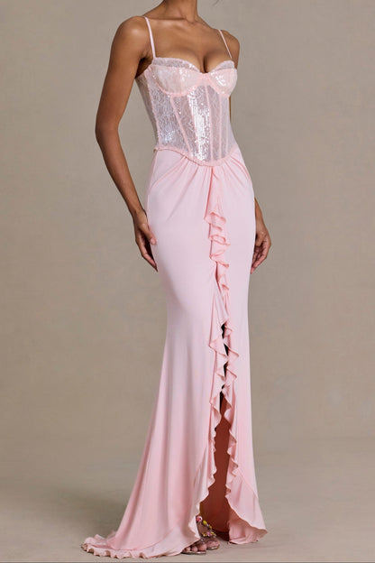 Blush Pink Spaghetti Strap Lace Back Mermaid Evening Gown with Slit