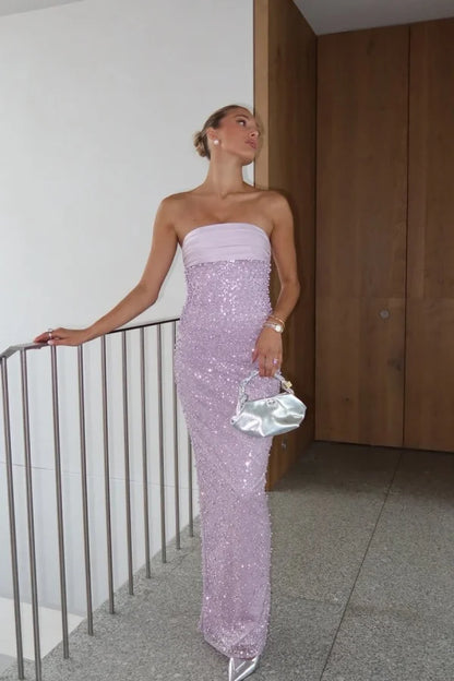 Lilac Strapless Pearls Beaded Sheath Prom Dress
