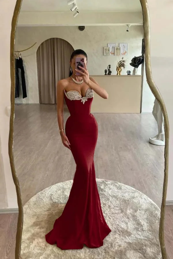Red Strapless Mermaid Slim Fit Beaded Formal Prom Dress ZT0533