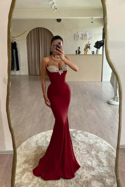 Red Strapless Mermaid Slim Fit Beaded Formal Prom Dress ZT0533
