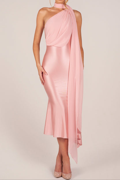 Blush Pink One Shoulder Satin Midi Dress