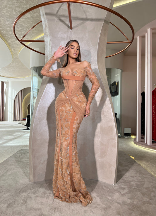 Off Shoulder Long Sleeves Lace Ruched Sheath Prom Dress