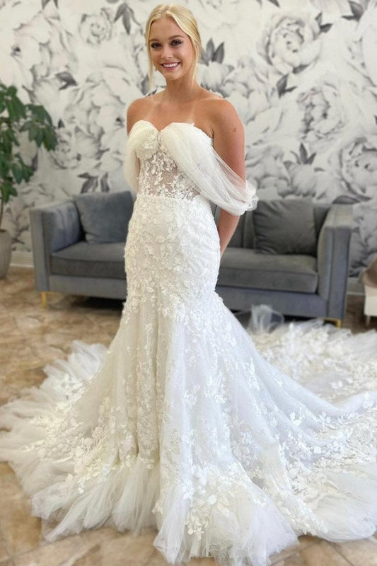 Sweetheart Sleeveless Allover Lace Applique Tulle Mermaid Wedding Dress