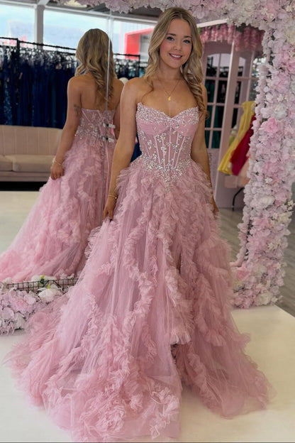 Fairy A Line V Neck Blush Pink Tulle Tiered Prom Dress