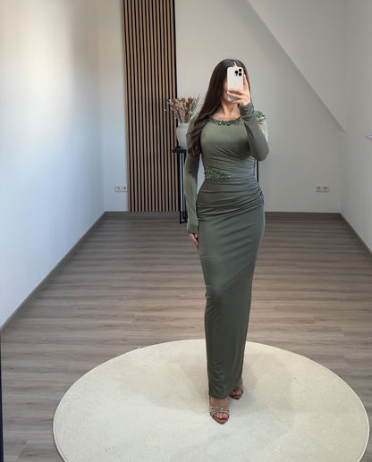 Long Sleeves Mermaid High Neck Prom Dress with Sequins Ruched Evening Party Dress