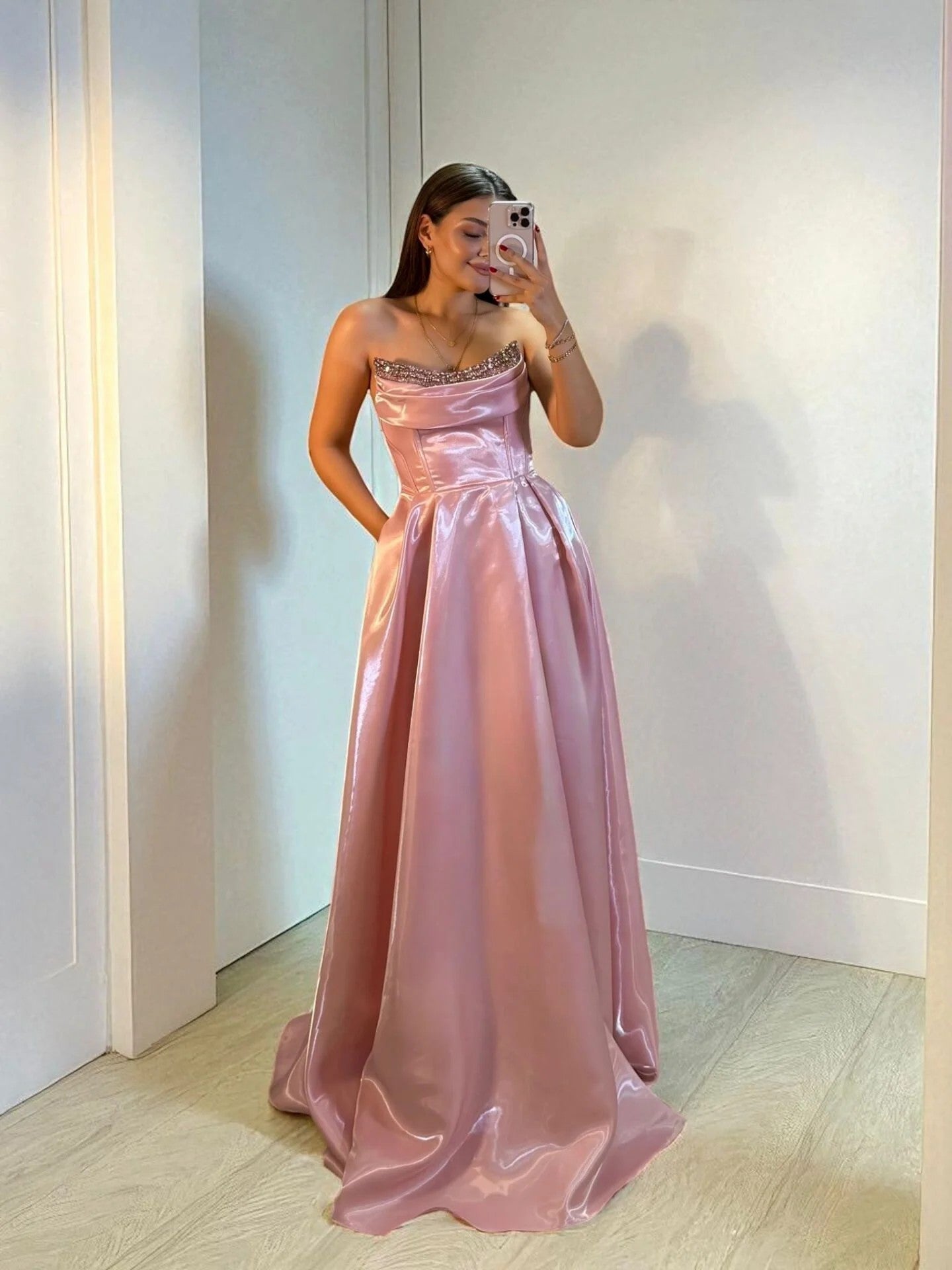 Shiny Satin Beaded Corset Formal Evening Gown