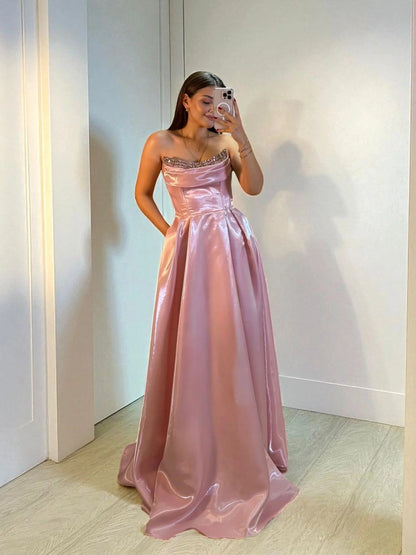 Shiny Satin Beaded Corset Formal Evening Gown