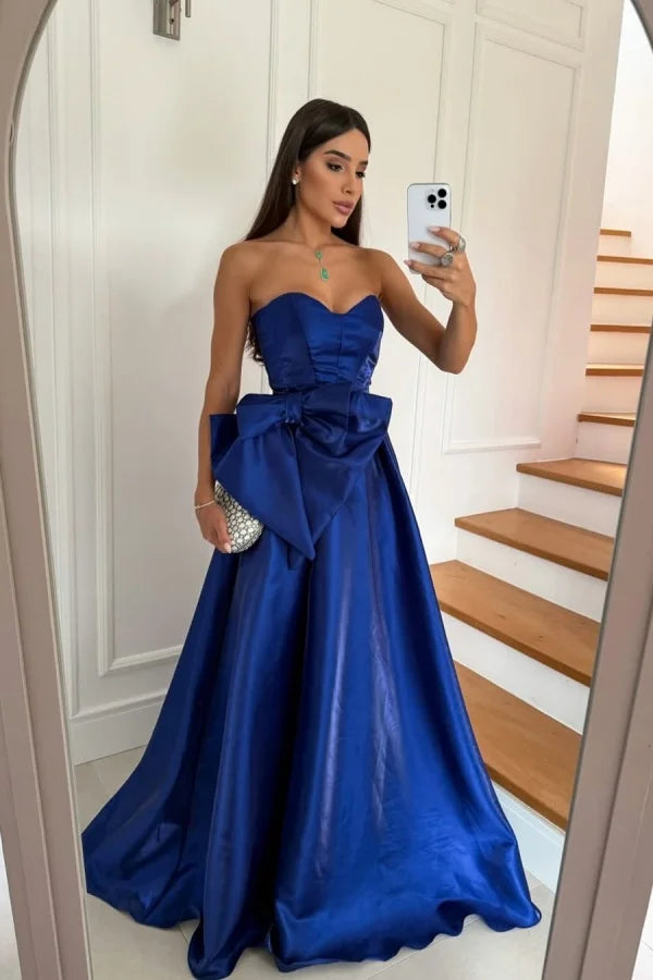 Formal Dark Blue Strapless Split Bow Prom Dress ZT0763