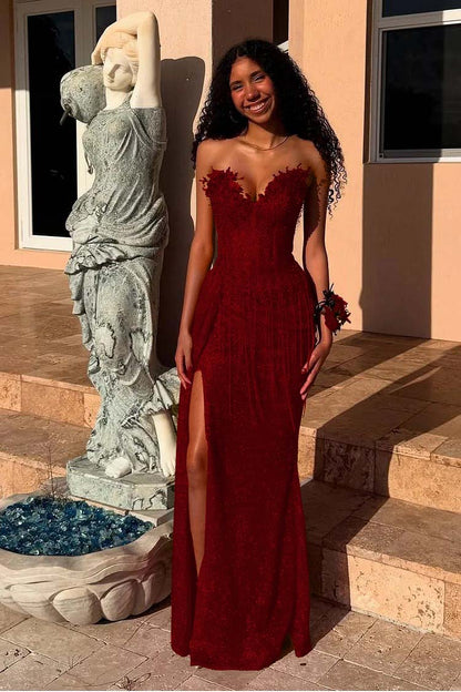 Luxurious Red Sweetheart Prom Dress Pleated Sequins with Split