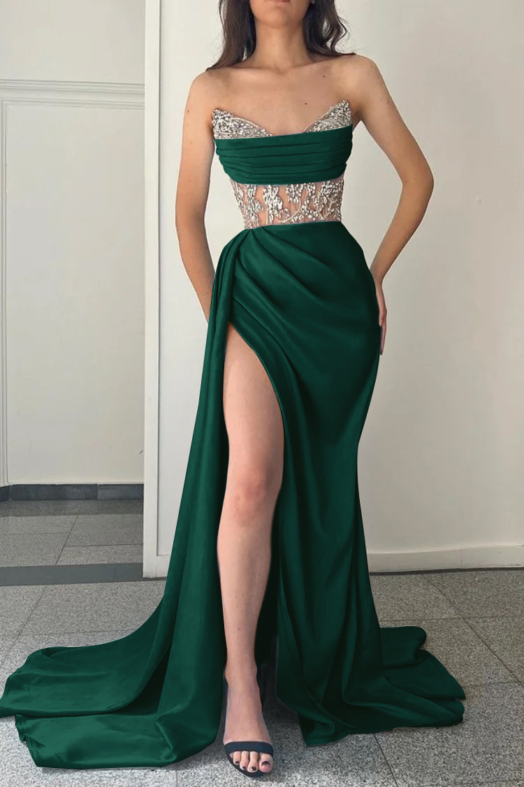 Modern Strapless Mermaid Prom Dress Split With Beading
