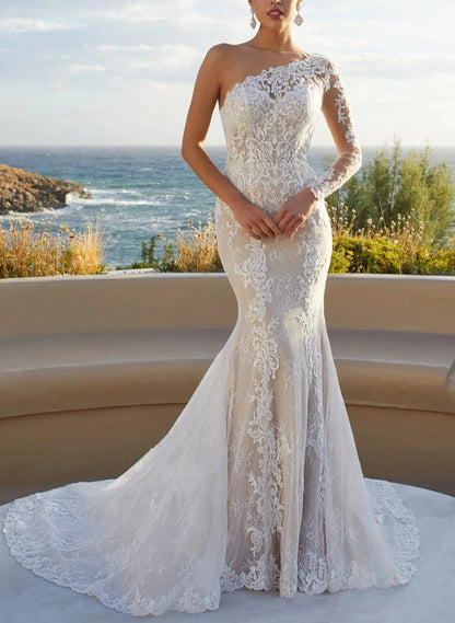 Luxury Lace One-Shoulder Long Sleeves Mermaid Wedding DressesLuxury Lace One-Shoulder Long Sleeves Mermaid Wedding DressesLuxury Lace One-Shoulder Long Sleeves Mermaid Wedding DressesLuxury Lace One-Shoulder Long Sleeves Mermaid Wedding DressesLuxury Lace
