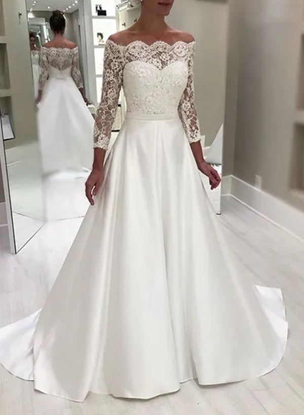 A-Line Off-the-Shoulder Long Sleeves Elegant Lace/Satin Wedding DressesA-Line Off-the-Shoulder Long Sleeves Elegant Lace/Satin Wedding DressesA-Line Off-the-Shoulder Long Sleeves Elegant Lace/Satin Wedding DressesA-Line Off-the-Shoulder Long Sleeves Elega