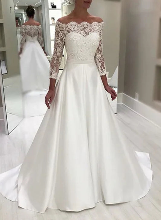 A-Line Off-the-Shoulder Long Sleeves Elegant Lace/Satin Wedding DressesA-Line Off-the-Shoulder Long Sleeves Elegant Lace/Satin Wedding DressesA-Line Off-the-Shoulder Long Sleeves Elegant Lace/Satin Wedding DressesA-Line Off-the-Shoulder Long Sleeves Elega
