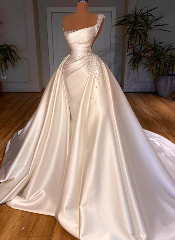 Dreamy Bead Accented One-Shoulder Luxury Satin Wedding Dresses With OverskirtDreamy Bead Accented One-Shoulder Luxury Satin Wedding Dresses With OverskirtDreamy Bead Accented One-Shoulder Luxury Satin Wedding Dresses With OverskirtDreamy Bead Accented One