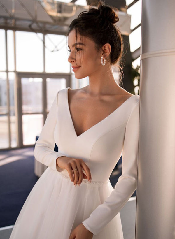 A-Line V-Neck Tea-Length Tulle/Elastic Satin Wedding Dresses With Long SleevesA-Line V-Neck Tea-Length Tulle/Elastic Satin Wedding Dresses With Long SleevesA-Line V-Neck Tea-Length Tulle/Elastic Satin Wedding Dresses With Long SleevesA-Line V-Neck Tea-Len