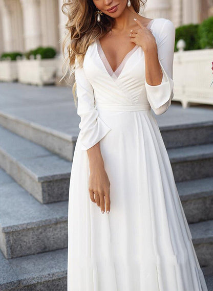 Boho A-Line V-neck Long Sleeves Chiffon Wedding Dresses With Appliques LaceBoho A-Line V-neck Long Sleeves Chiffon Wedding Dresses With Appliques LaceBoho A-Line V-neck Long Sleeves Chiffon Wedding Dresses With Appliques LaceBoho A-Line V-neck Long Sleeve