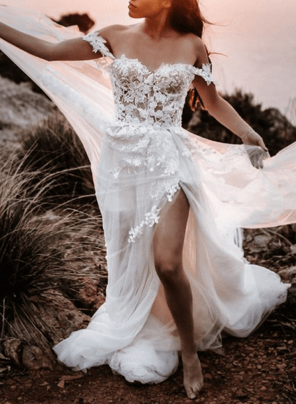 Sweet&Flow Off-The-Shoulder High Split See-Through Lace Wedding DressesSweet&Flow Off-The-Shoulder High Split See-Through Lace Wedding DressesSweet&Flow Off-The-Shoulder High Split See-Through Lace Wedding DressesSweet&Flow Off-The-Shoulder High Split See