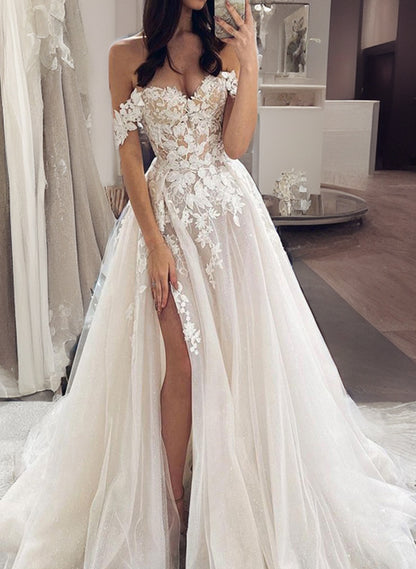 Sweet&Flow Off-The-Shoulder High Split See-Through Lace Wedding DressesSweet&Flow Off-The-Shoulder High Split See-Through Lace Wedding DressesSweet&Flow Off-The-Shoulder High Split See-Through Lace Wedding DressesSweet&Flow Off-The-Shoulder High Split See