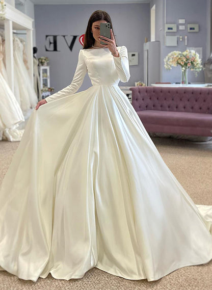 A-Line Scoop Neck Long Sleeves Sweep Train Satin Wedding DressesA-Line Scoop Neck Long Sleeves Sweep Train Satin Wedding DressesA-Line Scoop Neck Long Sleeves Sweep Train Satin Wedding DressesA-Line Scoop Neck Long Sleeves Sweep Train Satin Wedding Dresse
