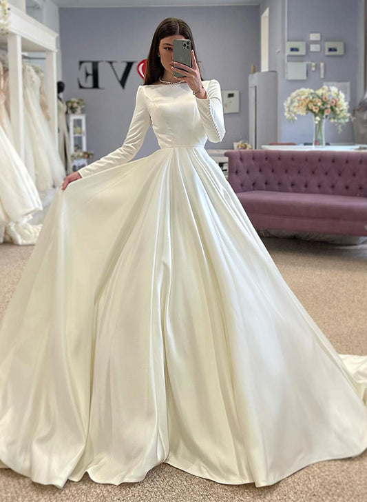 A-Line Scoop Neck Long Sleeves Sweep Train Satin Wedding DressesA-Line Scoop Neck Long Sleeves Sweep Train Satin Wedding DressesA-Line Scoop Neck Long Sleeves Sweep Train Satin Wedding DressesA-Line Scoop Neck Long Sleeves Sweep Train Satin Wedding Dresse