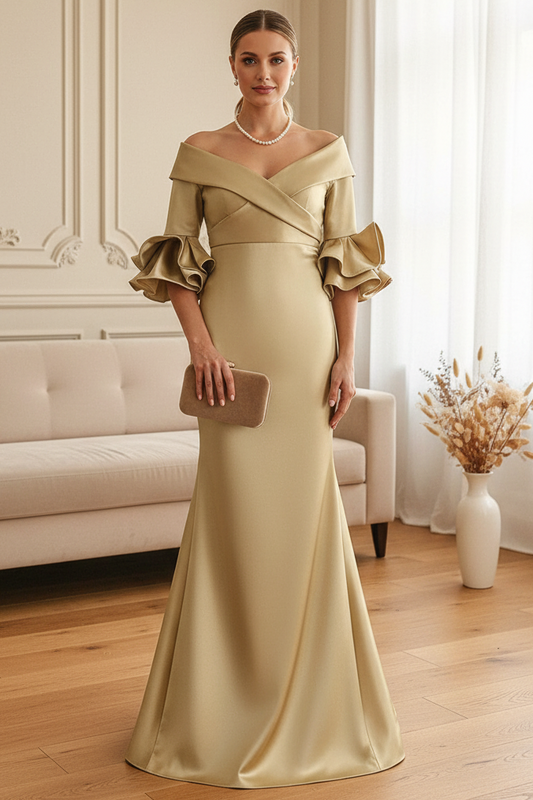 Elegant Off-The-Shoulder Satin Trumpet Dress with Ruffle Sleeves