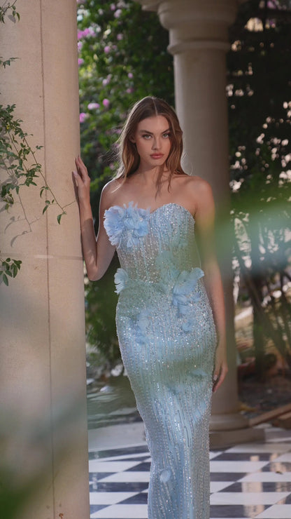 Fashion Blue Sweetheart Beaded Sparkle Sleeveless Mermiad Flowers Prom Dress