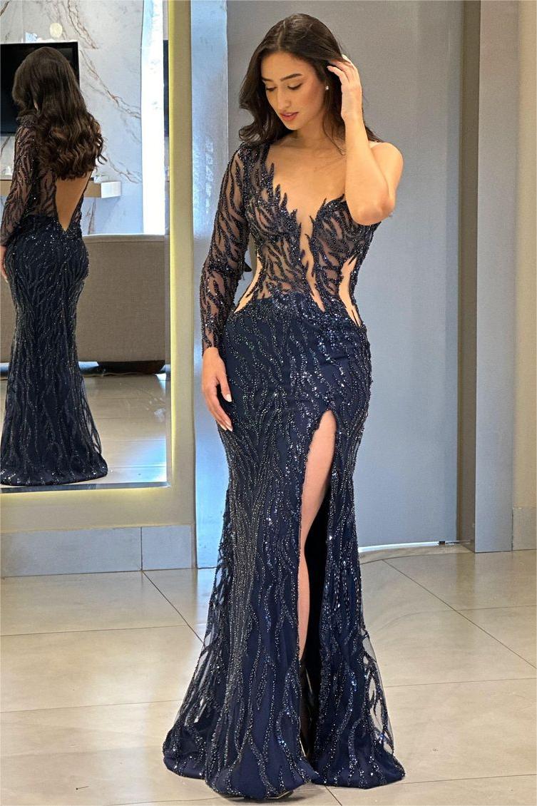 One Shoulder One Long Sleeve Backless Mermaid Split Prom Dress