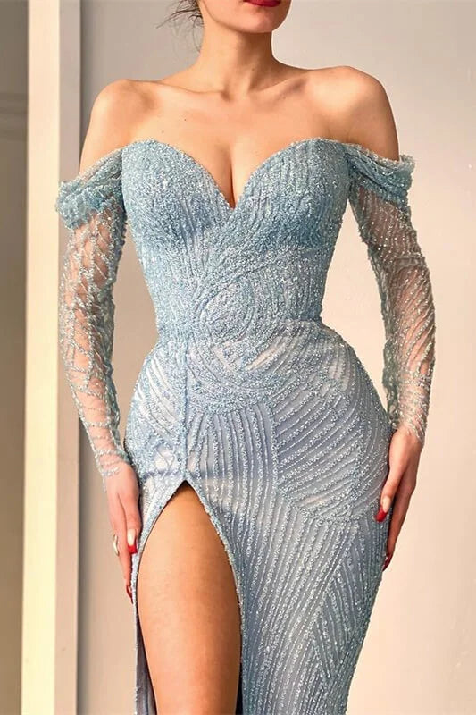 Stunning Long Sleeves Off-The-Shoulder Mermaid Evening Dress With Sweetheart Beadings ED0468