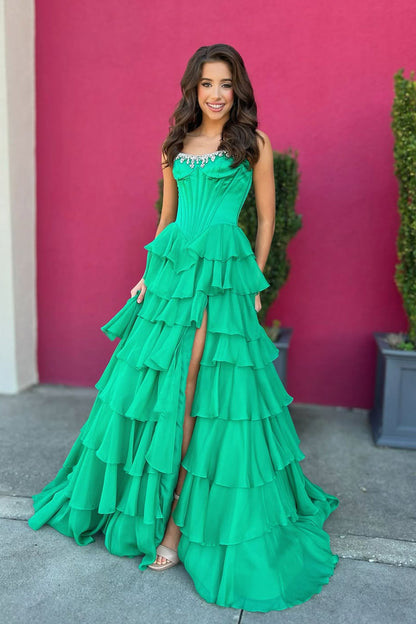 Cute A Line Scoop Neck Green Chiffon Tiered Prom Dress with Beading