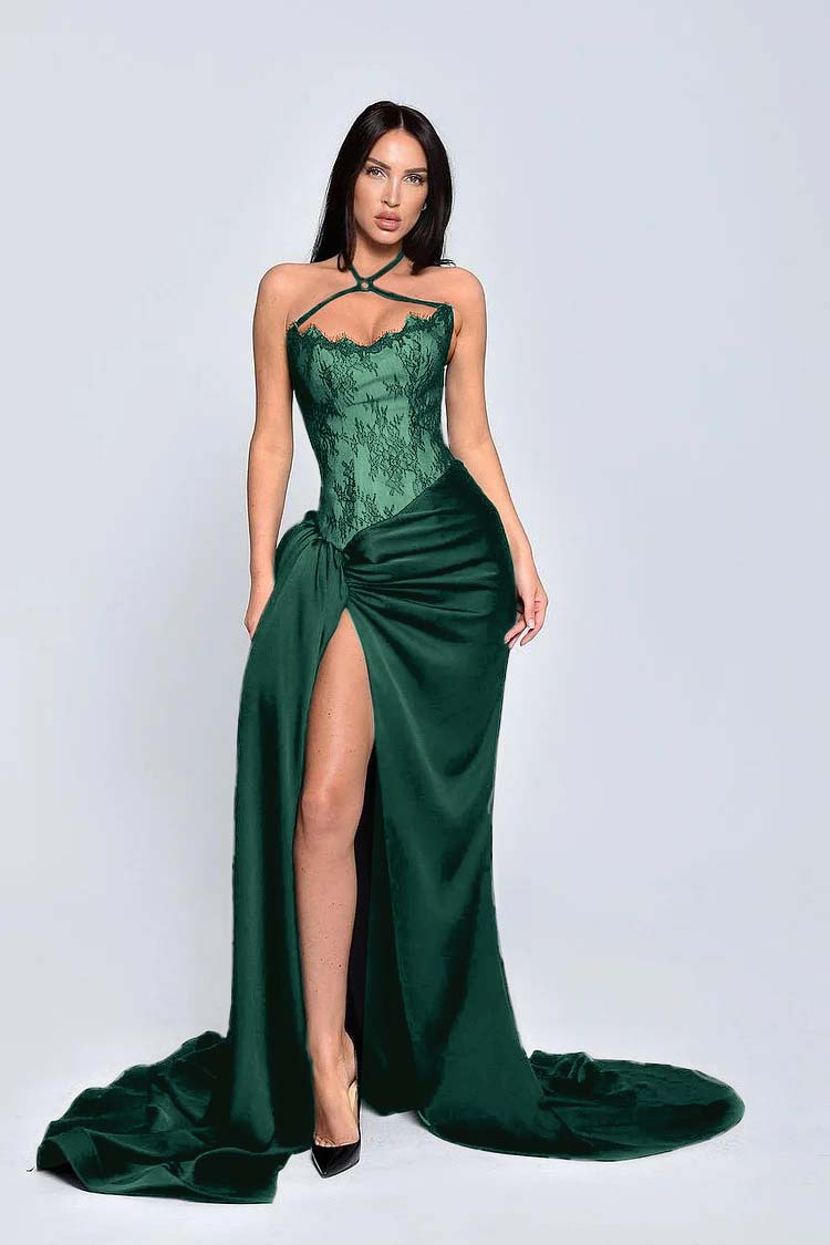 Charming Black Halter Lace Patchwork Evening Dress with Slit