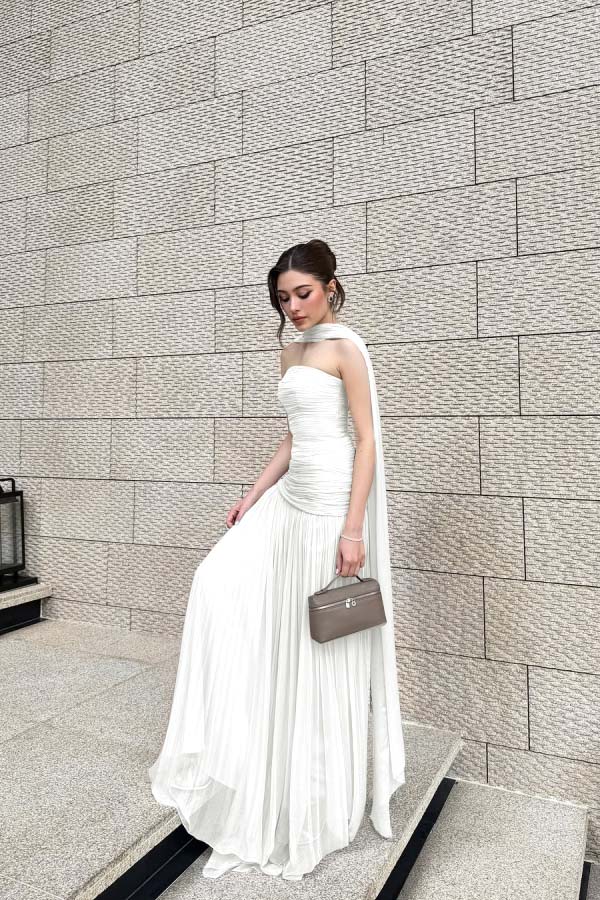 Chiffon Strapless Sleeveless Long Pleated A-Line Prom Dress With Ruffles